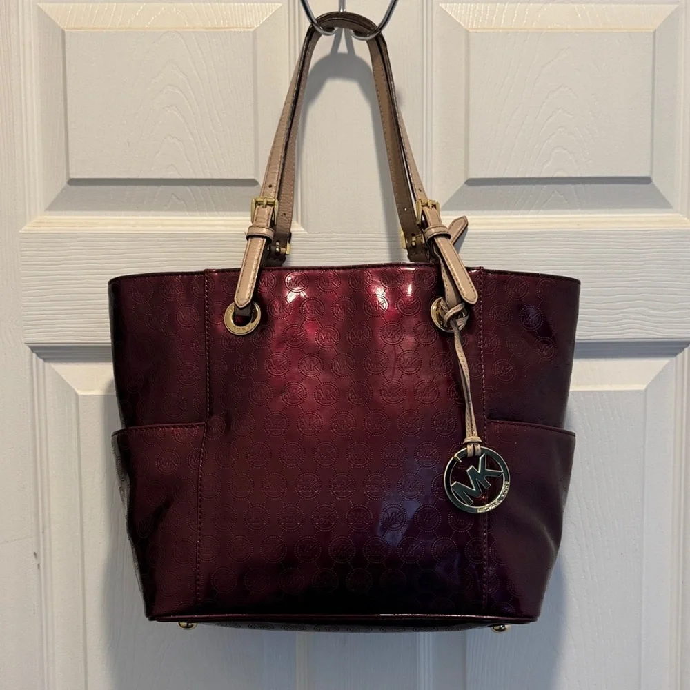 Michael Kors Burgundy Patent‎ Leather Monogram Tote Bag